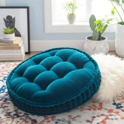 Deep Teal Round Velvet Floor Cushion
